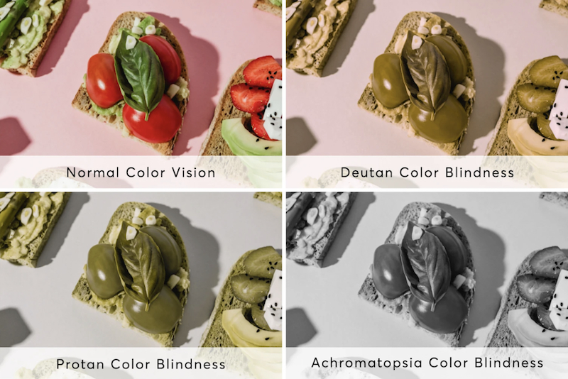 Four versions of the same image of
		bread with tomatoes and spinach, each with different coloring as people
		with different types of color blindness may see them