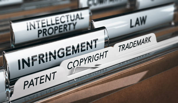 Image of folders labeled Intellectial Property, Law, Infringement, Patent, Copyright, and Trademark.